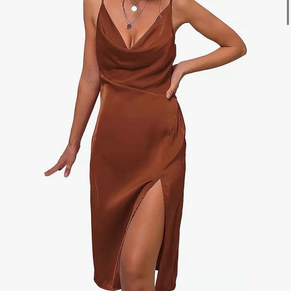 Amazon Rust Satin Cowl Midi Dress